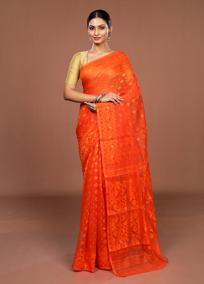 Rust Jamdani Cotton Saree Without Blouse Piece