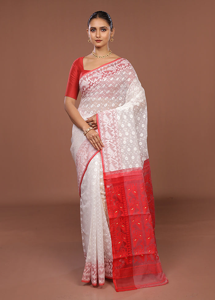 White Jamdani Cotton Saree Without Blouse Piece