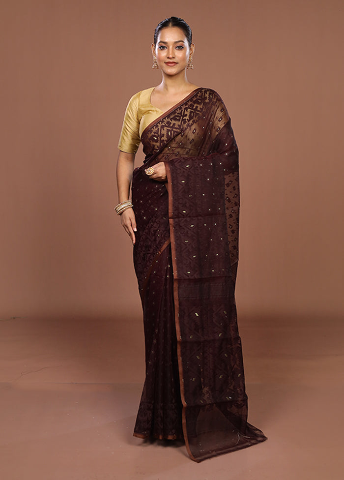 Maroon Jamdani Cotton Saree Without Blouse Piece