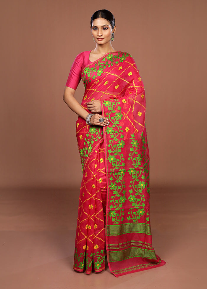 Pink Jamdani Cotton Saree Without Blouse Piece