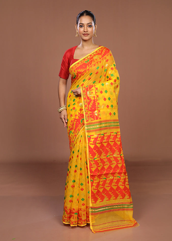 Yellow Jamdani Cotton Saree Without Blouse Piece