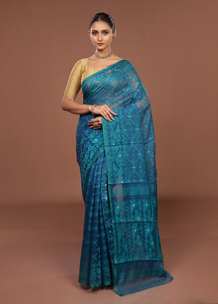 Blue Jamdani Cotton Saree Without Blouse Piece