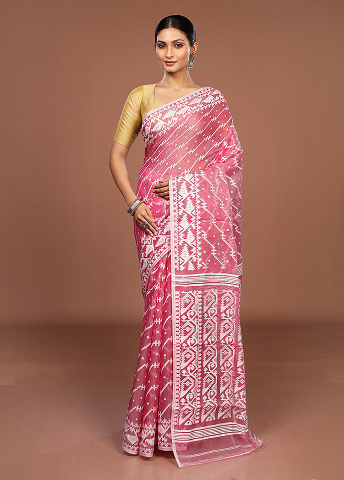 Pink Jamdani Cotton Saree Without Blouse Piece