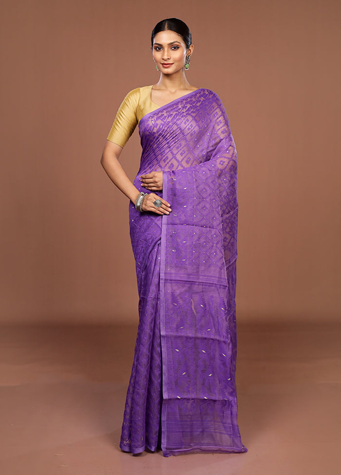 Purple Jamdani Cotton Saree Without Blouse Piece