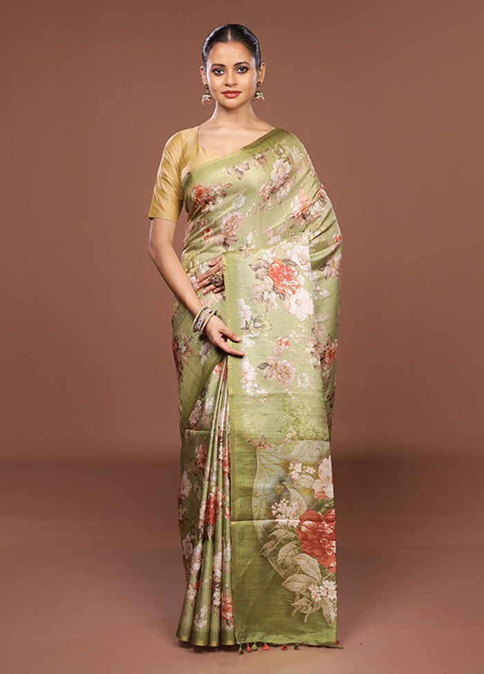 Green Tussar Silk Saree With Blouse Piece