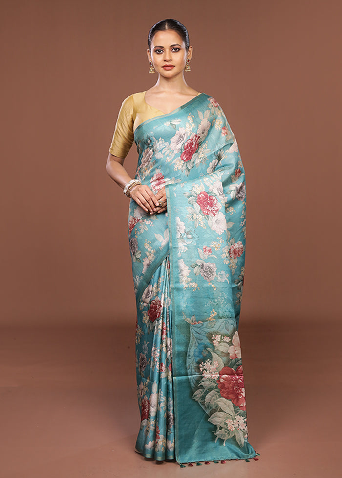 Blue Tussar Silk Saree With Blouse Piece