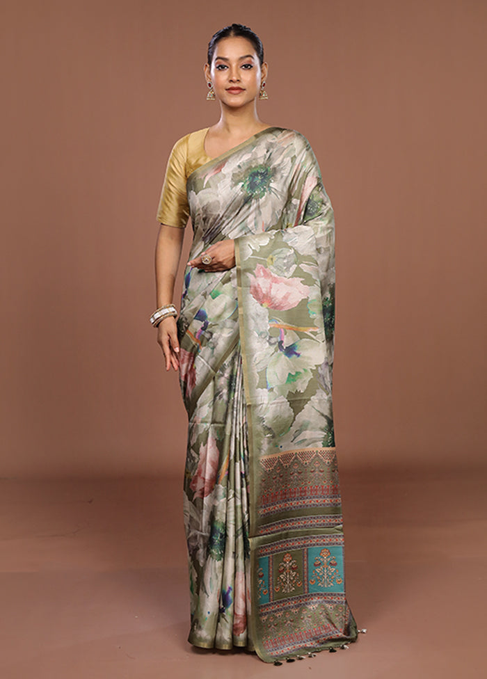 Green Tussar Silk Saree With Blouse Piece