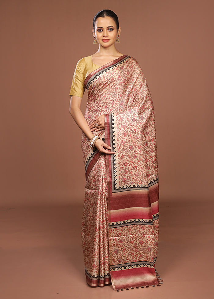 Cream Tussar Silk Saree With Blouse Piece