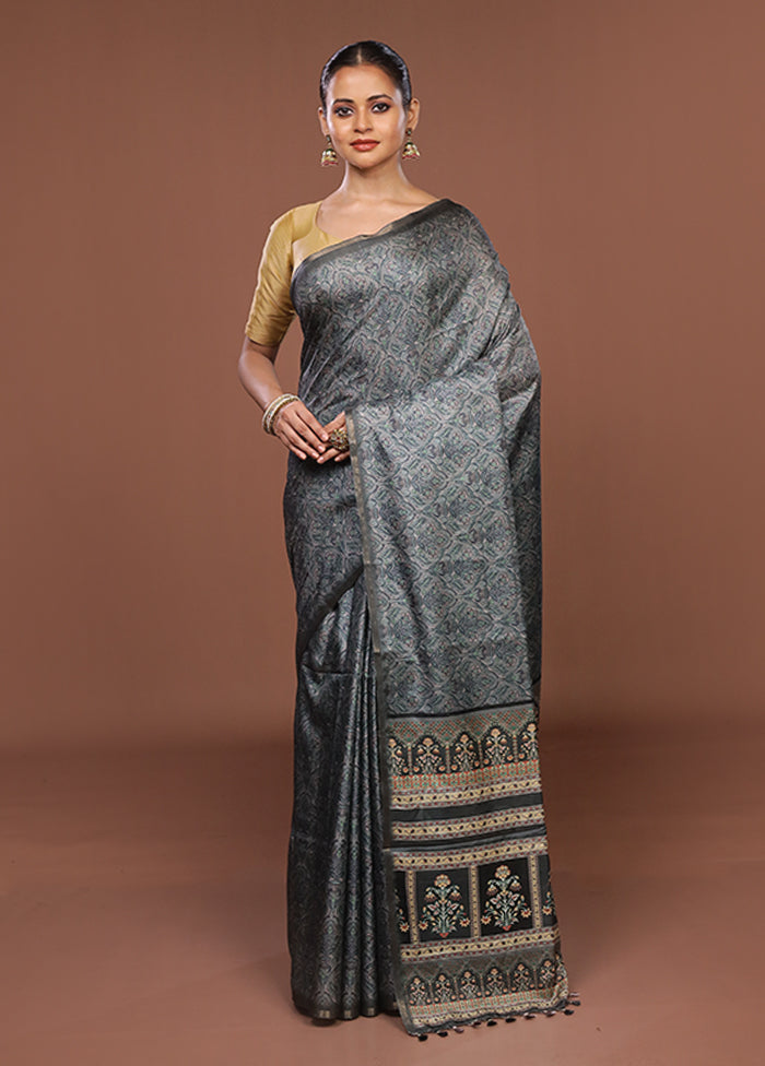 Grey Tussar Silk Saree With Blouse Piece
