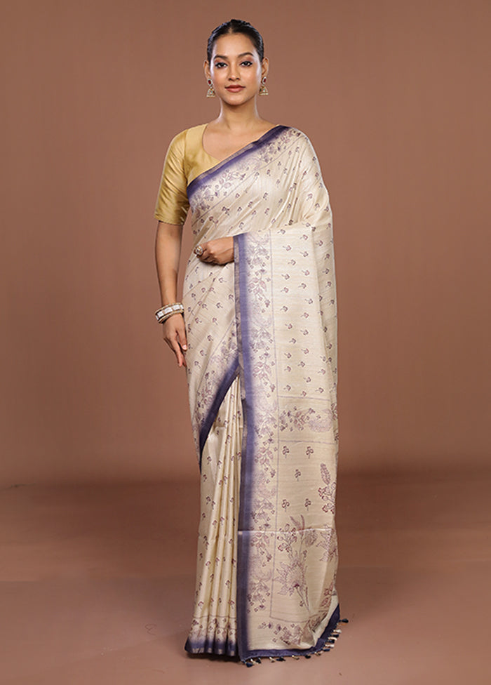 White Tussar Silk Saree With Blouse Piece