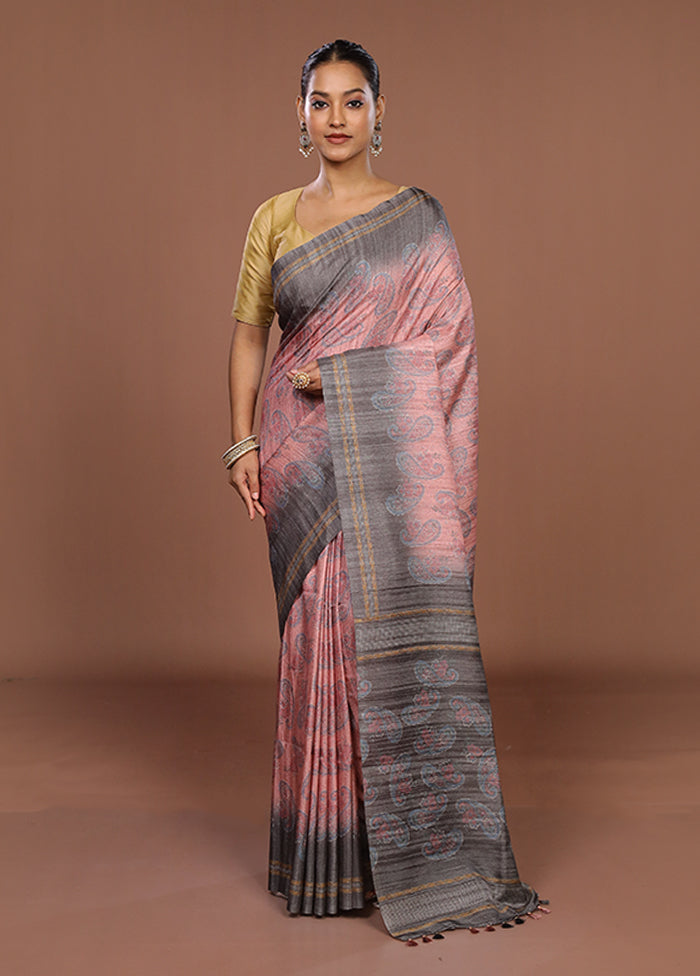 Pink Tussar Silk Saree With Blouse Piece