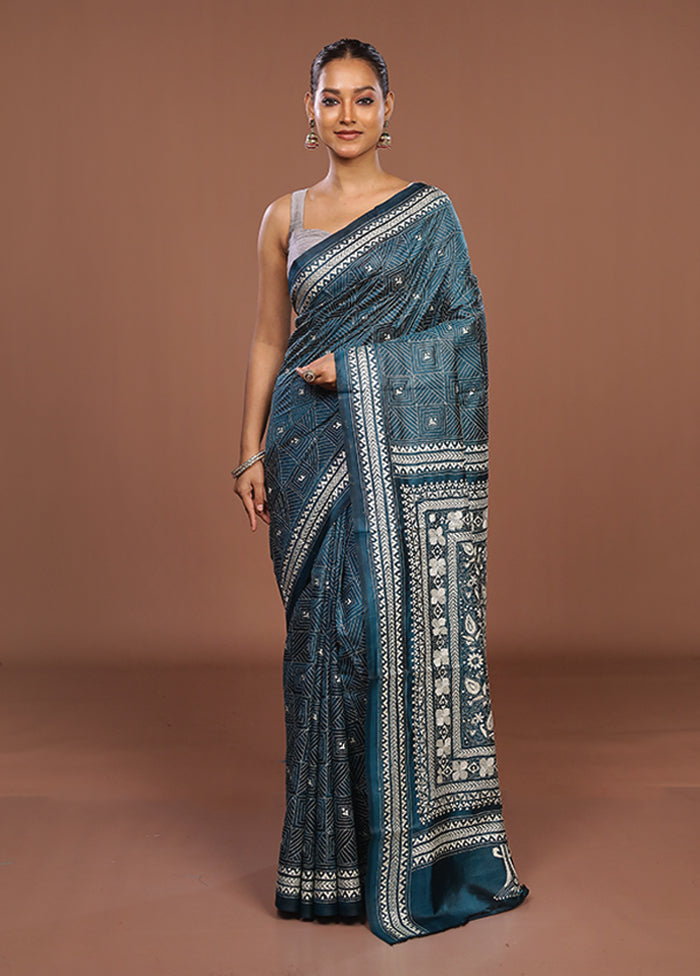 Green Handloom Kantha Stitch Pure Silk Saree With Blouse Piece