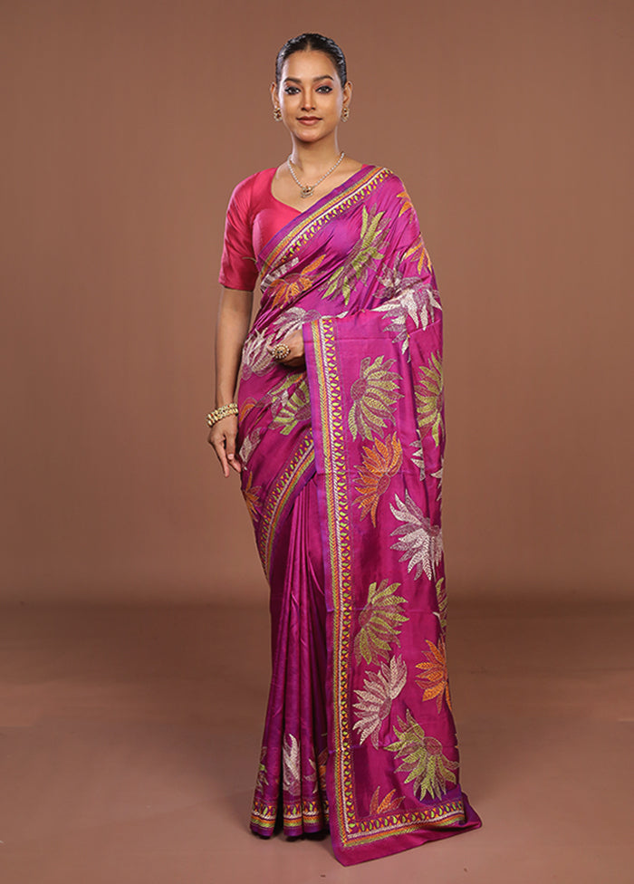 Purple Handloom Kantha Stitch Pure Silk Saree With Blouse Piece