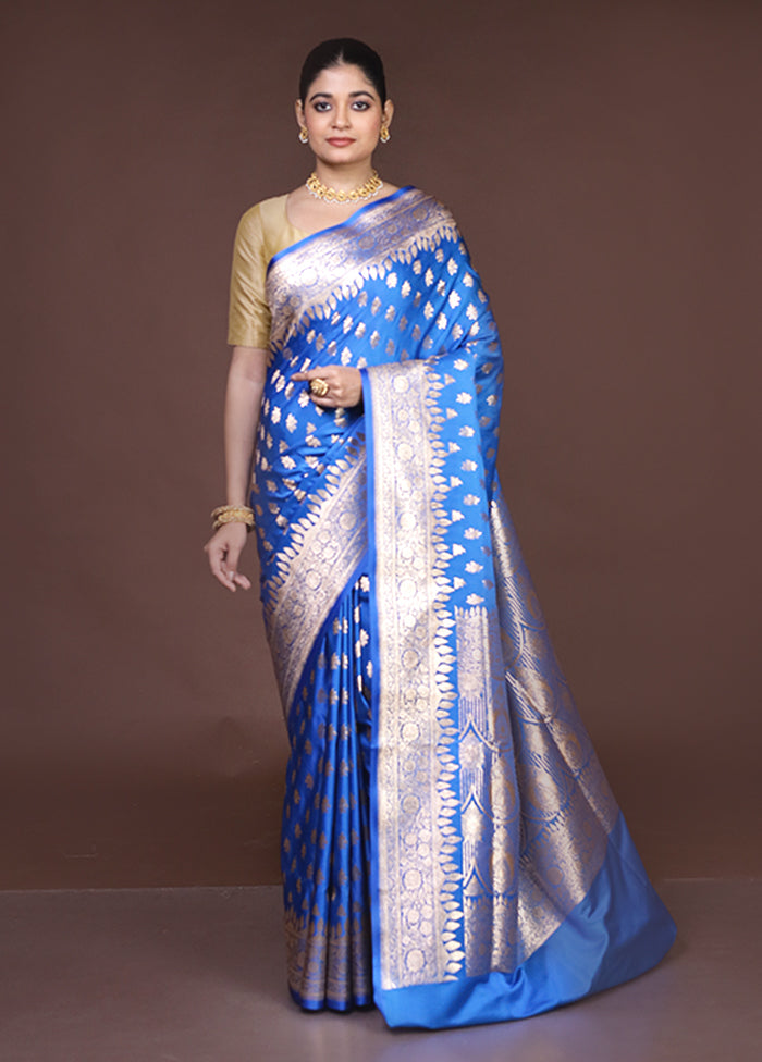 Blue Banarasi Silk Saree With Blouse Piece