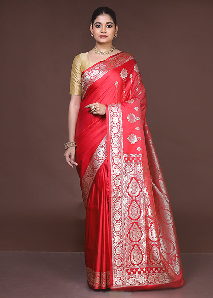 Red Banarasi Silk Saree With Blouse Piece