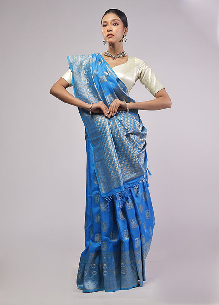 Blue Dupion Silk Saree With Blouse Piece