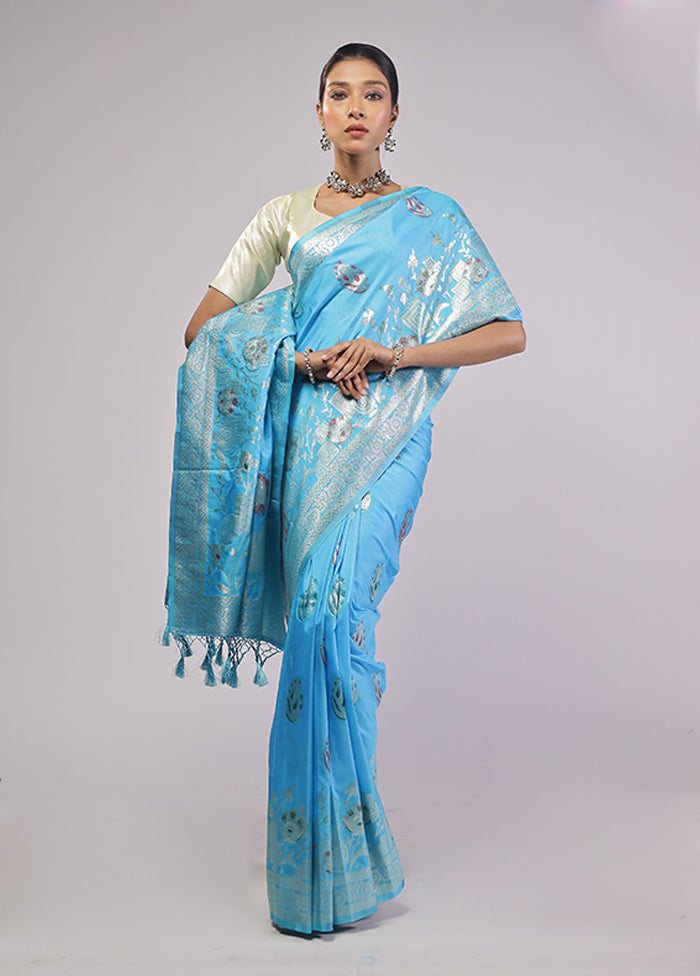 Blue Dupion Silk Saree With Blouse Piece