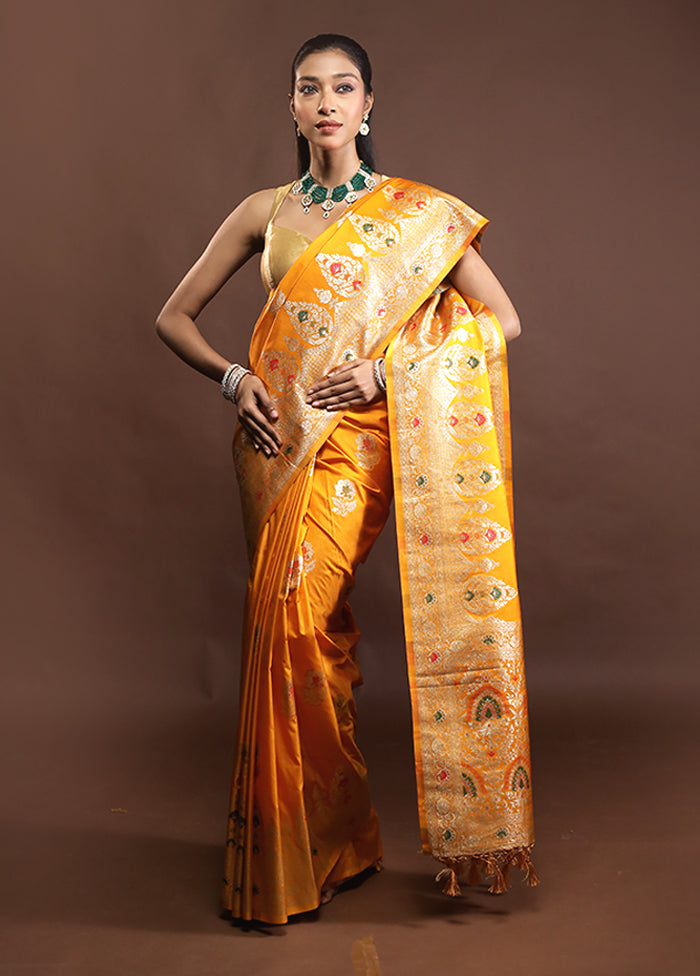 Yellow Dupion Silk Saree With Blouse Piece