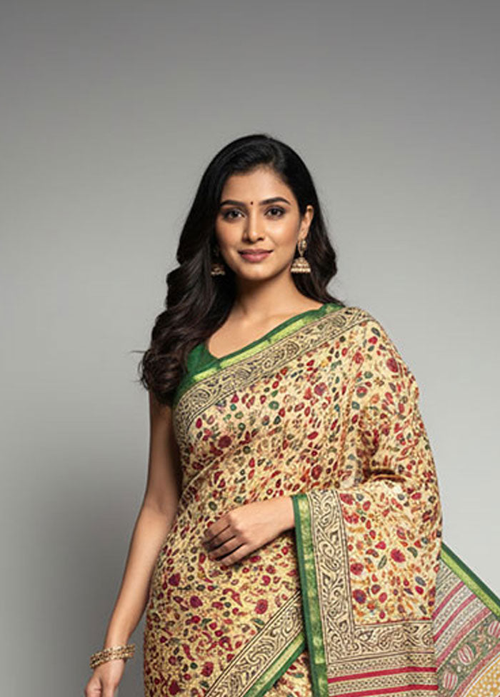 Cream Chanderi Silk Saree With Blouse Piece