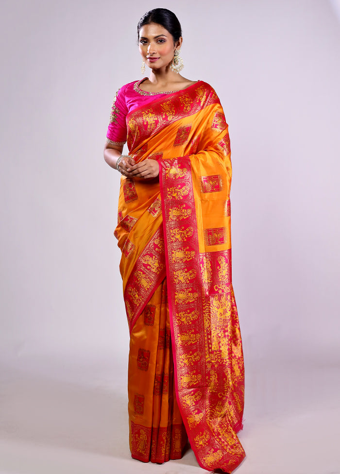 Yellow Baluchari Silk Saree With Blouse Piece