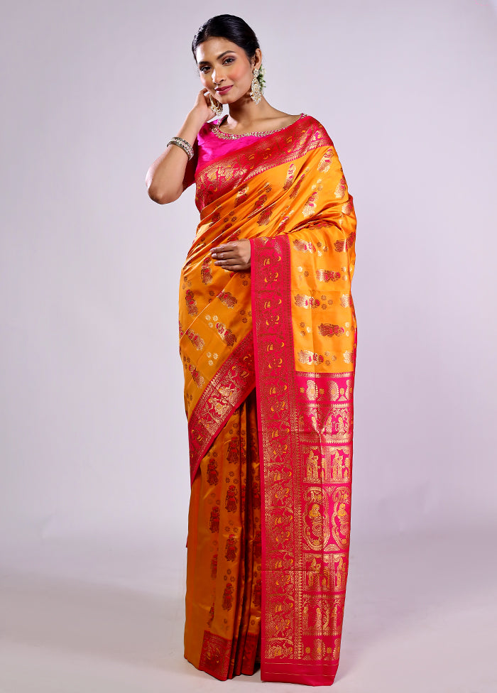 Yellow Baluchari Silk Saree With Blouse Piece