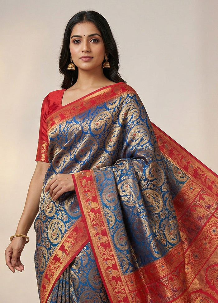 Blue Dupion Silk Saree With Blouse Piece