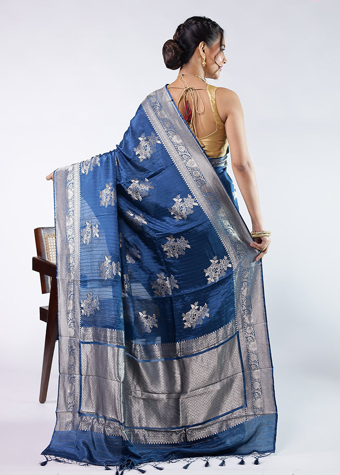 Blue Dupion Silk Saree With Blouse Piece