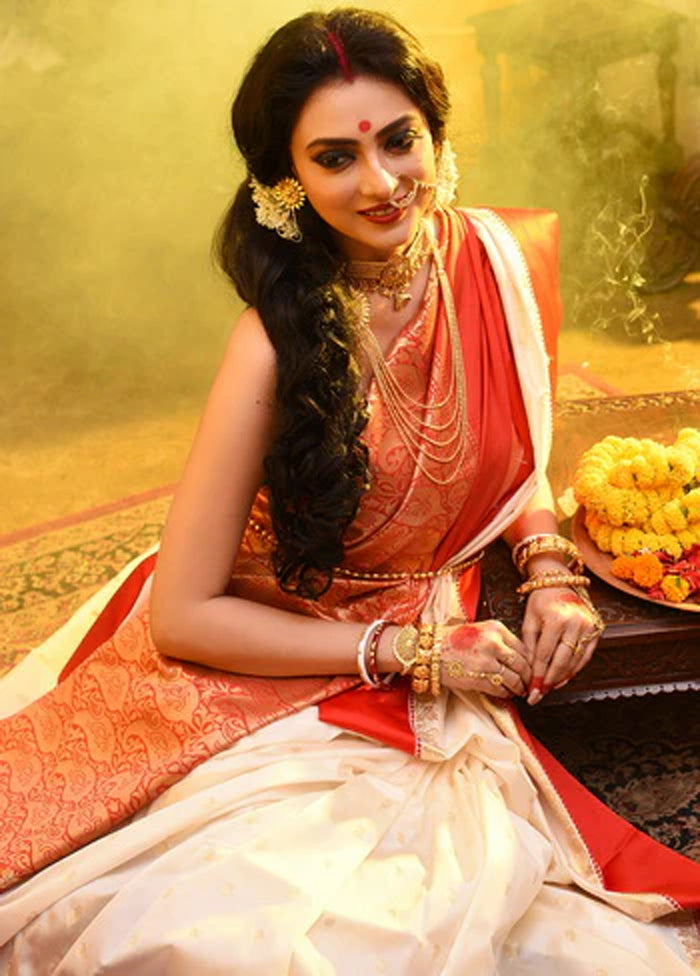 Red and White Dupion Silk Saree With Blouse Piece