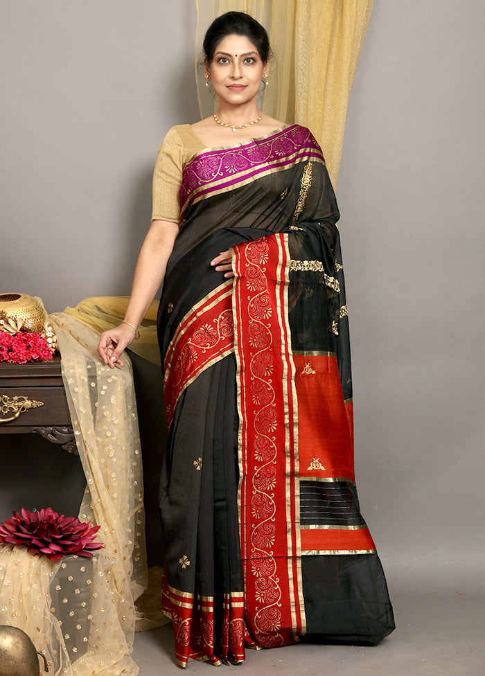 Black Chanderi Pure Silk Handloom Saree With Blouse - Indian Silk House Agencies