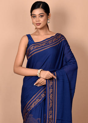 Biswa Bangla Presents Navy Blue Pure Cotton Saree Without Blouse Piece - Indian Silk House Agencies