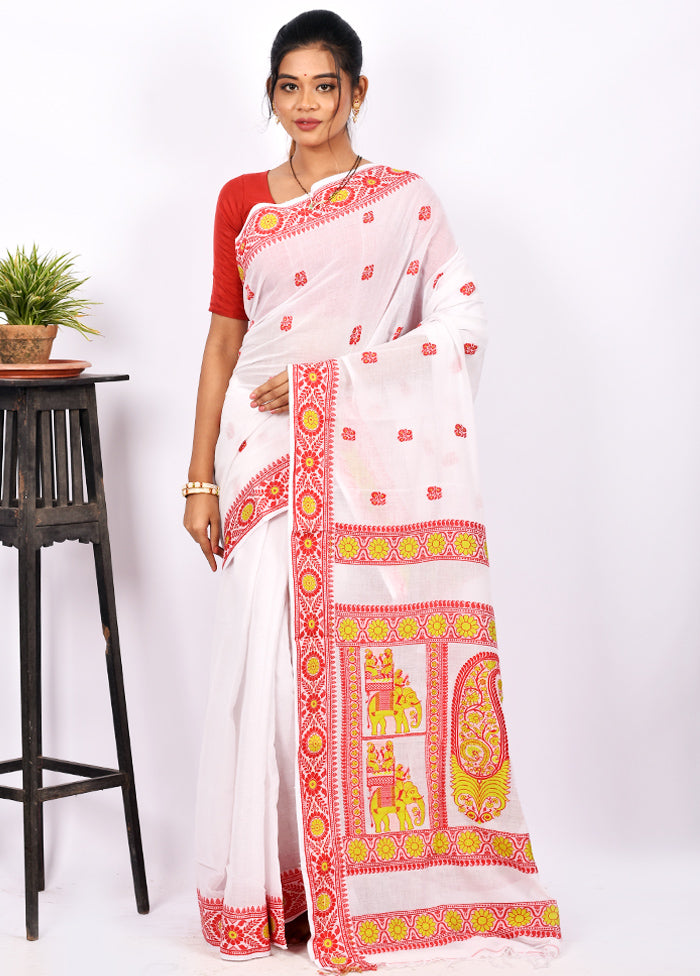 Biswa Bangla Presents White And Red Cotton Baluchari Saree With Blouse Piece - Indian Silk House Agencies