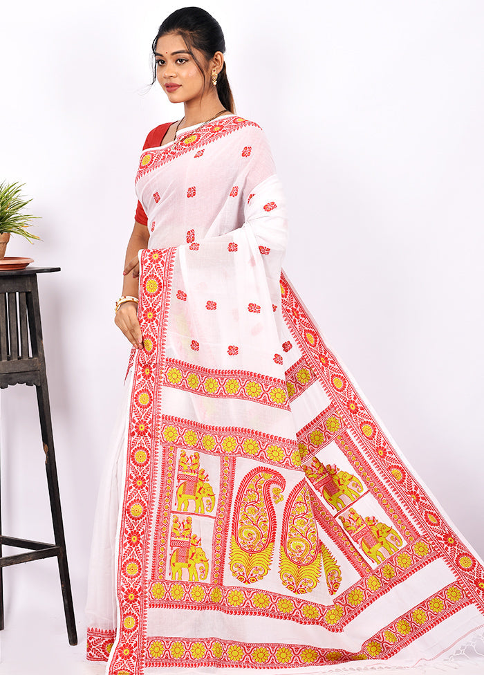 Biswa Bangla Presents White And Red Cotton Baluchari Saree With Blouse Piece - Indian Silk House Agencies