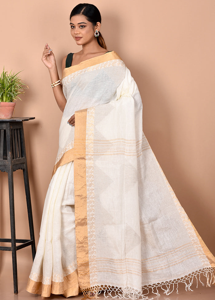 Biswa Bangla Presents White Pure Linen Silk Saree With Blouse Piece - Indian Silk House Agencies