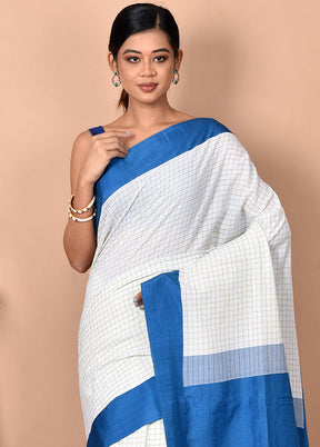 Biswa Bangla Presents White And Blue Pure Cotton Saree Without Blouse Piece - Indian Silk House Agencies