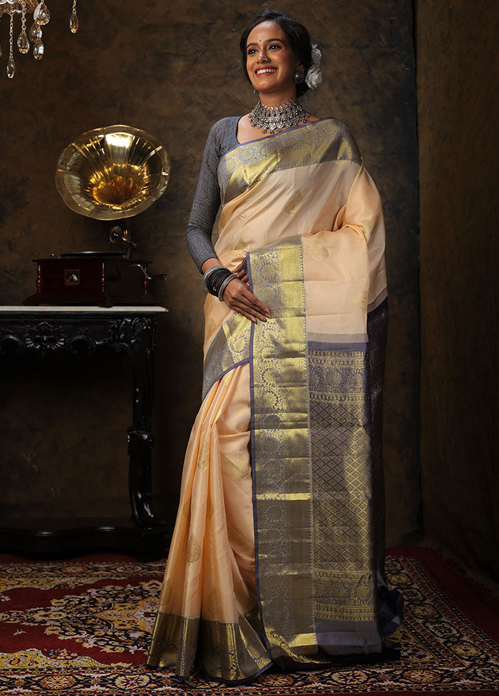 Cream Pure Kanchipuram Silk Saree With Blouse Piece - Indian Silk House Agencies