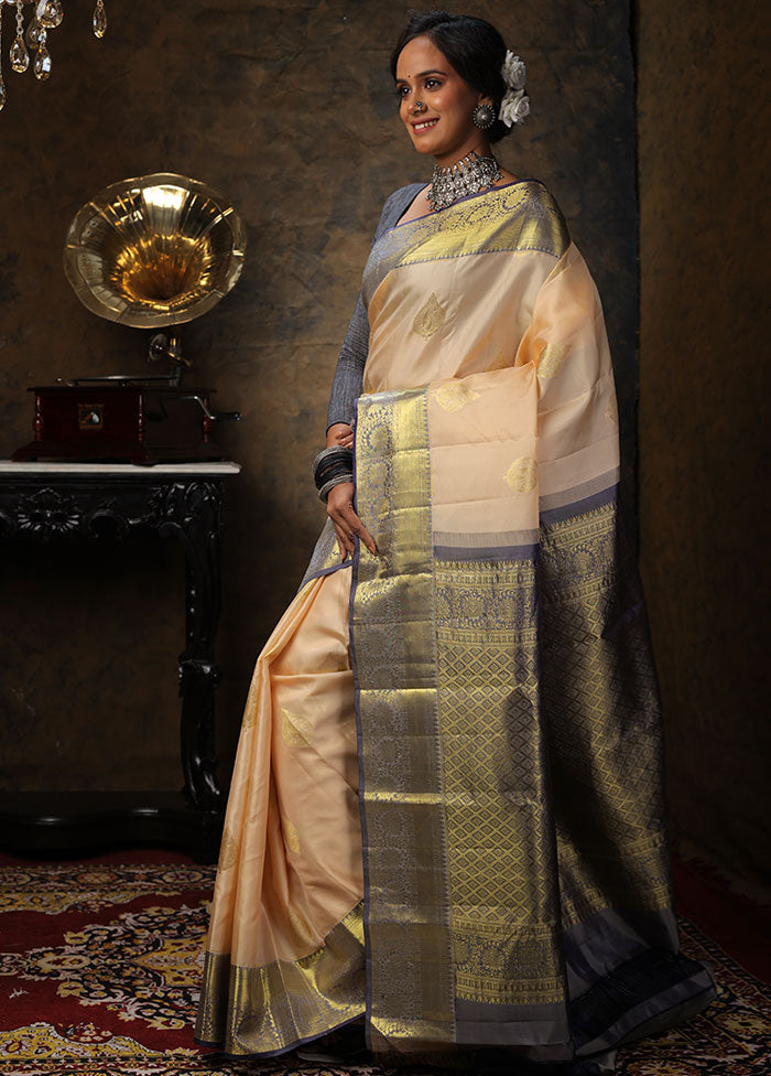 Cream Pure Kanchipuram Silk Saree With Blouse Piece - Indian Silk House Agencies