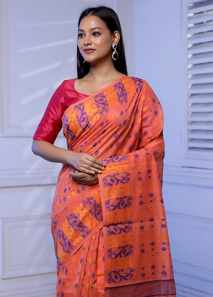 Orange Tant Jamdani Saree Without Blouse Piece - Indian Silk House Agencies