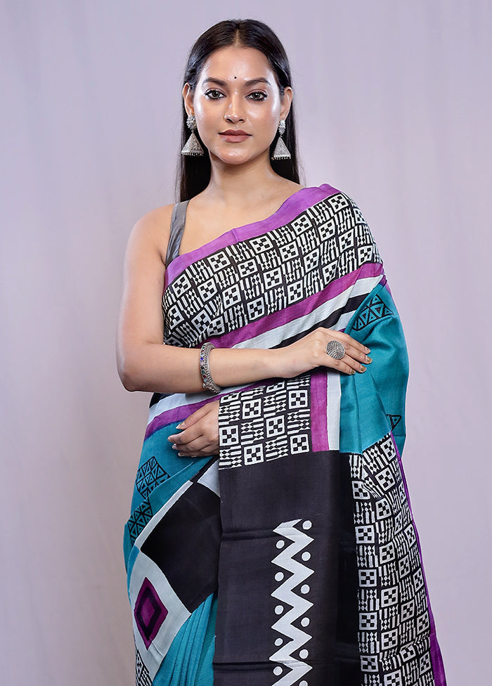 Blue Printed Pure Silk Saree With Blouse Piece - Indian Silk House Agencies