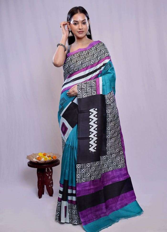 Blue Printed Pure Silk Saree With Blouse Piece - Indian Silk House Agencies