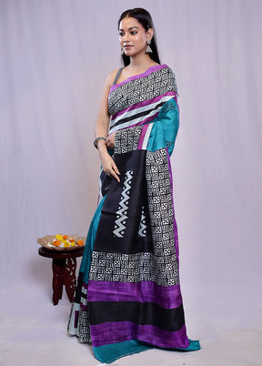 Blue Printed Pure Silk Saree With Blouse Piece - Indian Silk House Agencies