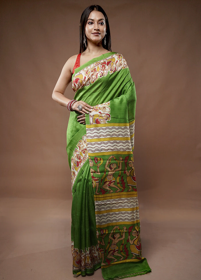 Green Printed Pure Silk Saree With Blouse Piece - Indian Silk House Agencies