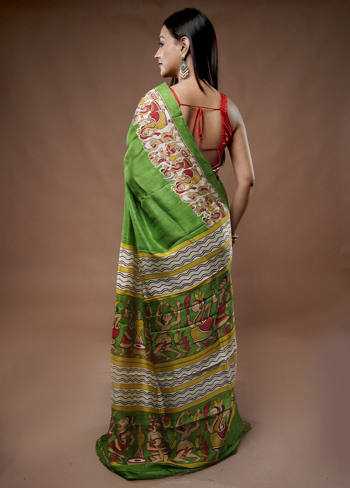 Green Printed Pure Silk Saree With Blouse Piece - Indian Silk House Agencies