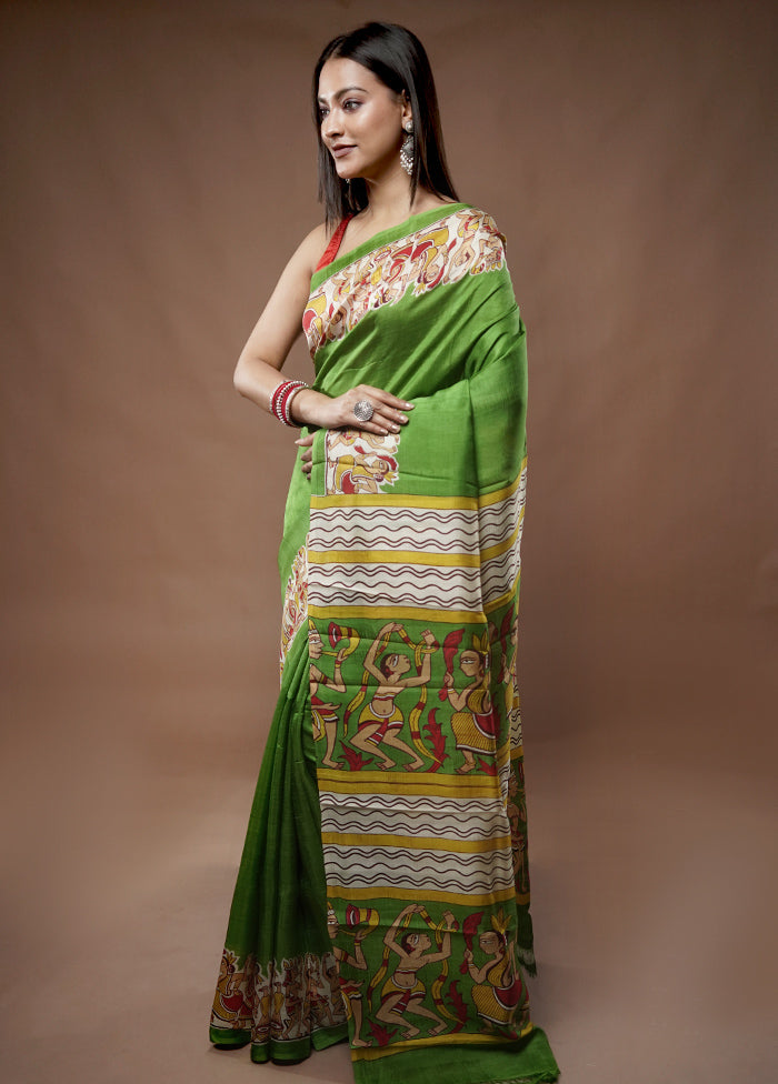 Green Printed Pure Silk Saree With Blouse Piece - Indian Silk House Agencies