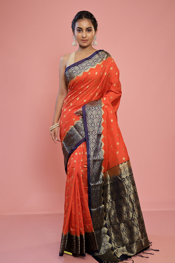 Rust Kanjivaram Silk Saree With Blouse Piece - Indian Silk House Agencies