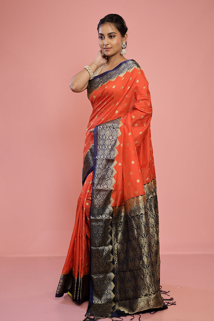 Rust Kanjivaram Silk Saree With Blouse Piece - Indian Silk House Agencies