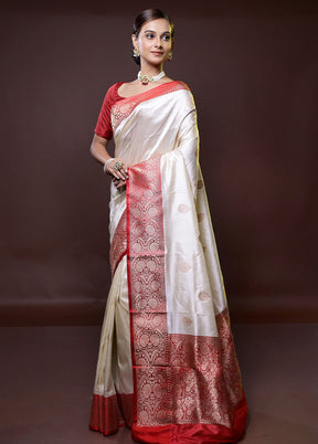 Cream Handloom Katan Pure Silk Saree With Blouse Piece