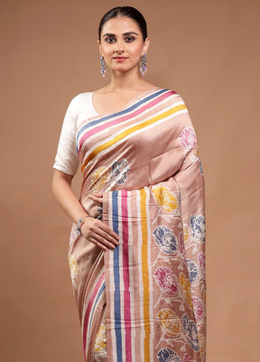 Cream Printed Pure Silk Saree Without Blouse Piece