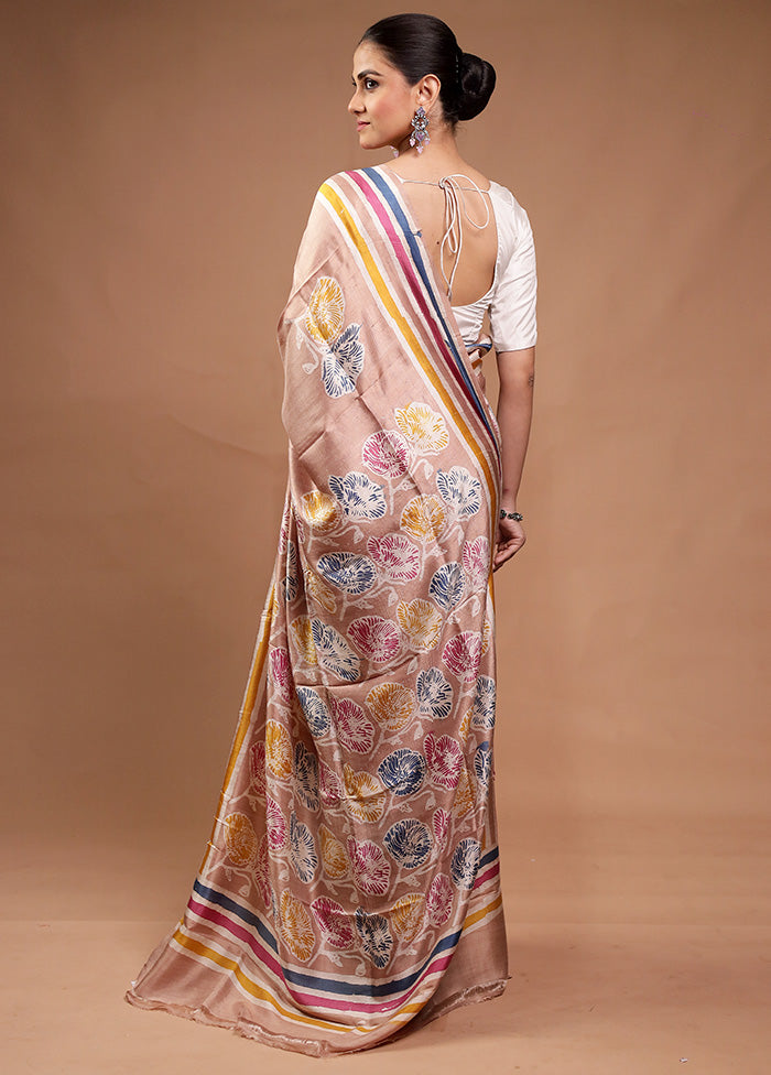 Cream Printed Pure Silk Saree Without Blouse Piece