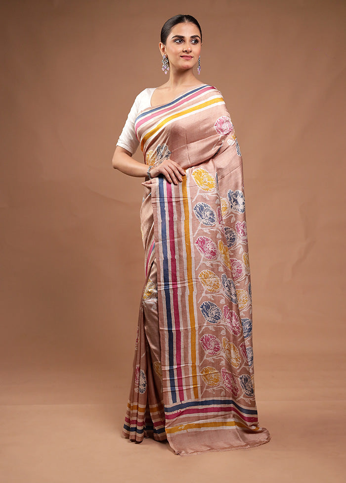 Cream Printed Pure Silk Saree Without Blouse Piece