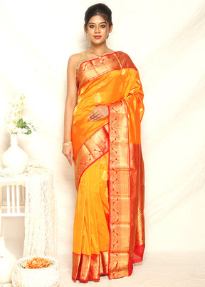 Orange Kanjivaram Pure Silk Handloom Saree With Blouse - Indian Silk House Agencies